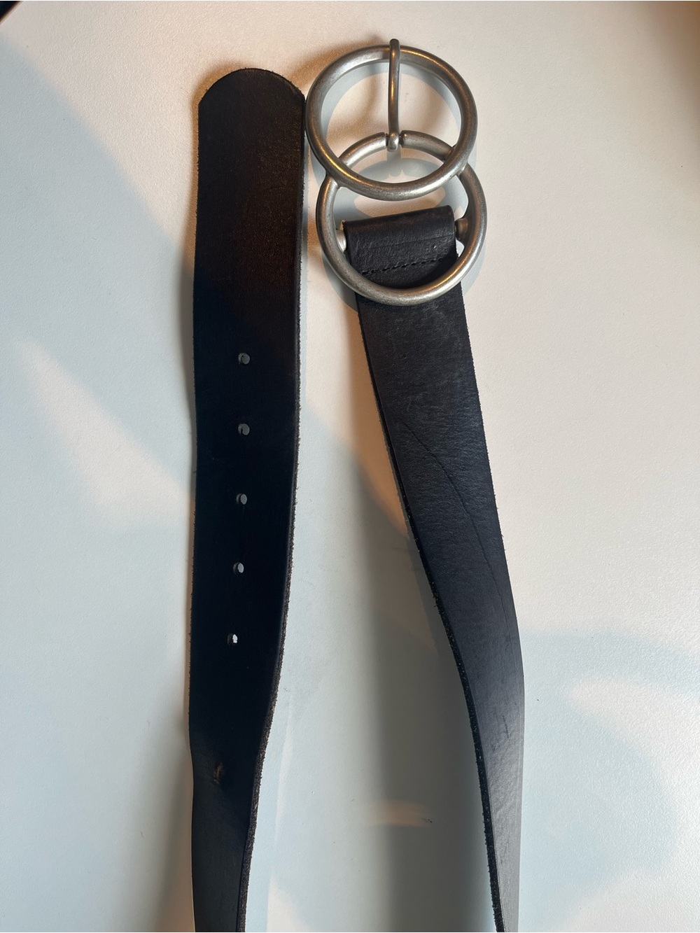 Black Leather Double-Ring Belt with Silver Hardware